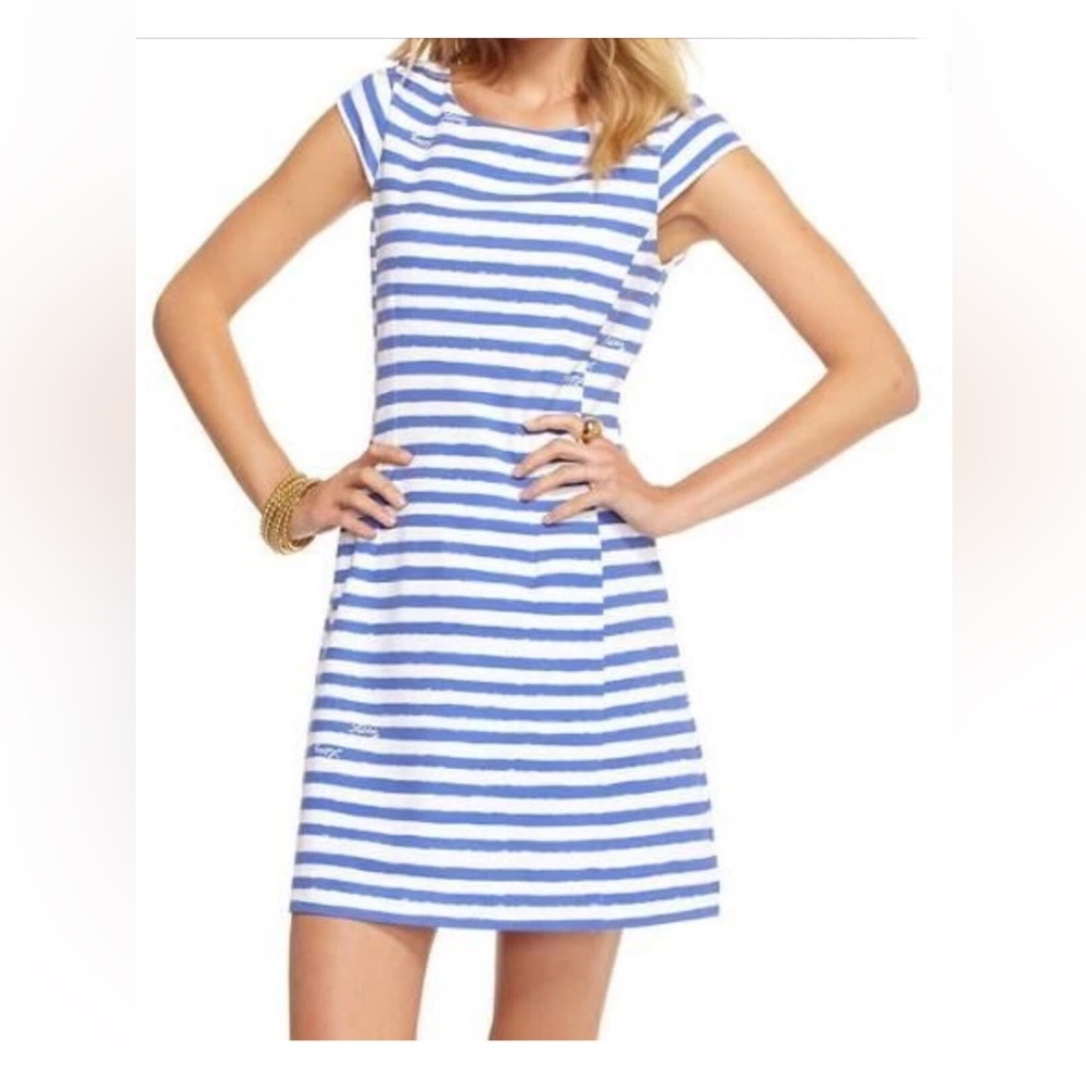 Lilly Pulitzer Iris Blue White Stripe Briella Cap Sleeve Dress Like New Large